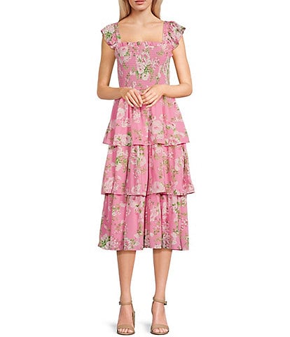 Blu Pepper Sleeveless Smoke Floral Tiered Ruffle Midi Dress