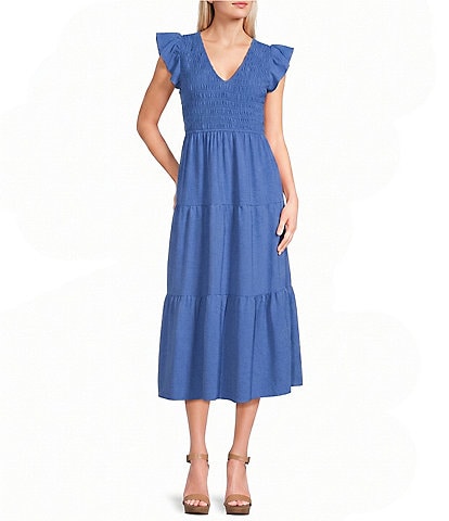 Blu Pepper Smocked V-Neck Flutter Tiered Midi Dress