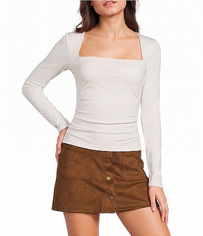 Blu Pepper Square Neck Ruched Side Long Sleeve Top