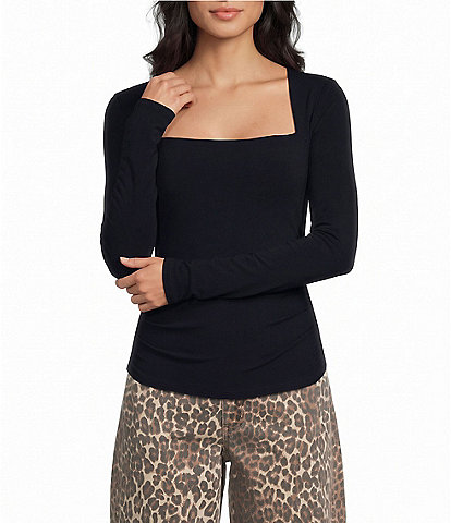 Blu Pepper Square Neck Ruched Side Long Sleeve Top