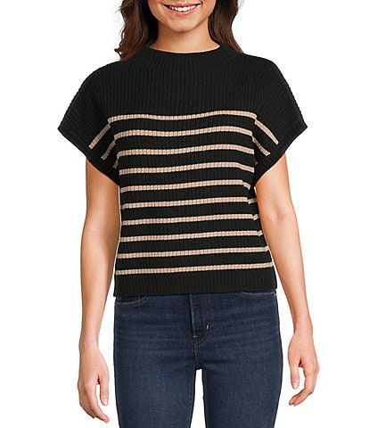 Blu Pepper Striped Mock Neck Dolman Short Sleeve Sweater