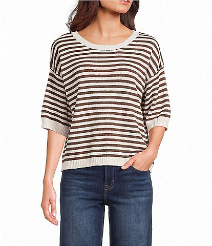 Blu Pepper Striped Short Sleeve Contrast Trim Sweater