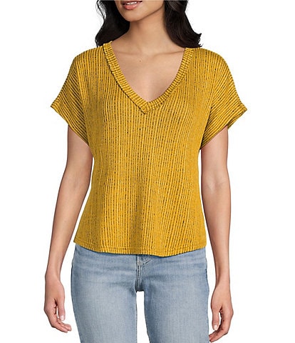 Blu Pepper Sweater Knit V-Neck Short Sleeve Top