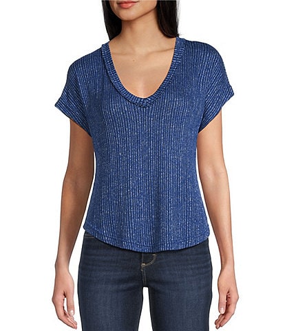 Blu Pepper Sweater Knit V-Neck Short Sleeve Top