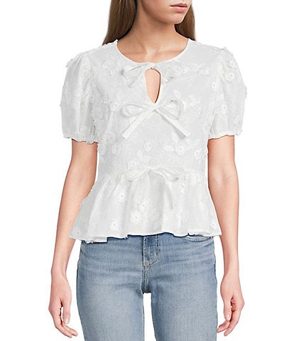 Blu Pepper Floral Embordered Short Puff Sleeve Tie Front Top