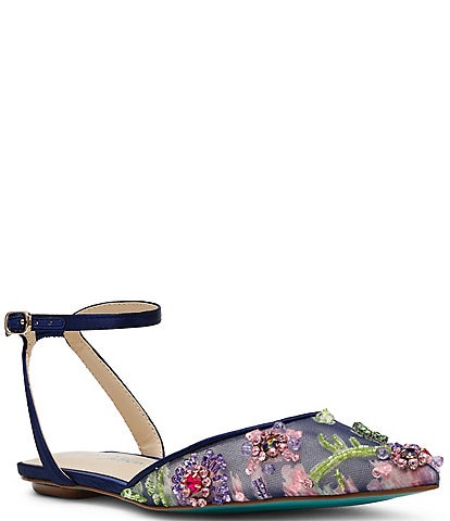 Blue by Betsey Johnson Garbo Beaded Mesh Ankle Strap Flats