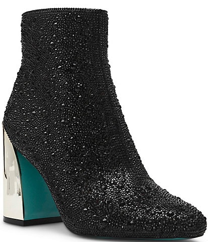 Blue by Betsey Johnson Hugo Rhinestone Mirrored Block Heel Booties