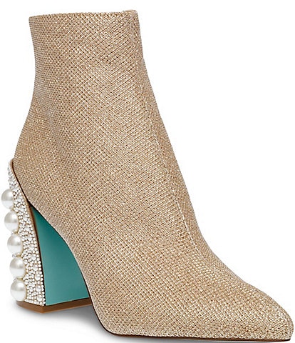 Blue by Betsey Johnson Kasey Glitzy Pearl Embellished Block Heel Booties