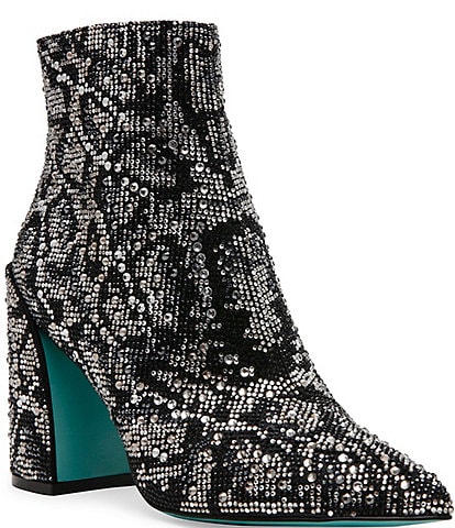 Blue by Betsey Johnson Kris Snake Print Rhinestone Booties