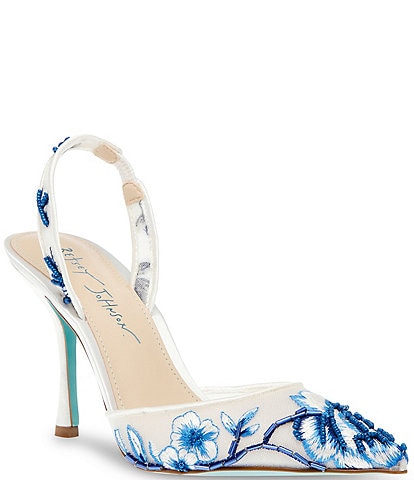 Blue by Betsey Johnson Patch Mesh Beaded Floral Applique Slingback Pumps