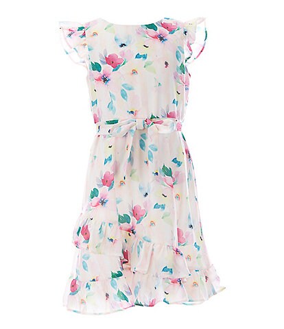 Blush by Us Angels Big Girls 7-16 Flutter-Sleeve Floral/Stripe Printed Faux-Wrap Dress
