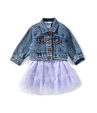 Bonnie Jean Baby Girls Long-Sleeve Denim Jacket & Flutter-Sleeve Polka-Dot Fit-And-Flare Dress