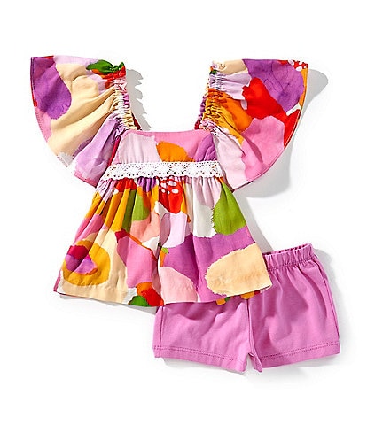Bonnie Jean Baby Girls Newborn-24 Months Bell-Sleeve Printed Lace-Trimmed Peasant Top & Solid Knit Shorts Set