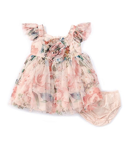 Bonnie Jean Baby Girls Newborn-24 Months Floral-Printed Rolled-Flower-Applique Fit-And-Flare Dress