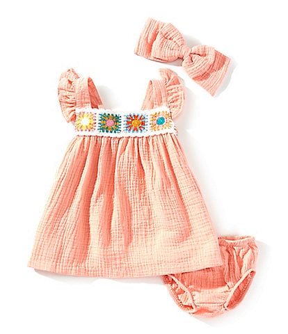Bonnie Jean Baby Girls Newborn-24 Months Flutter-Sleeve Crocheted-Trim Woven Empire-Waist Dress