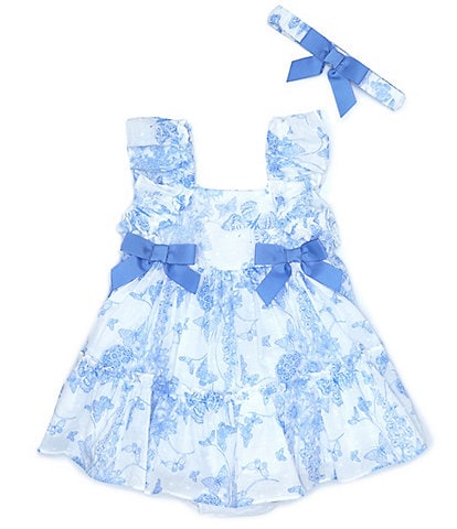 Bonnie Jean Baby Girls Newborn-24 Months Flutter Sleeve Printed Dress & Toile Clip Dot Bow Headband