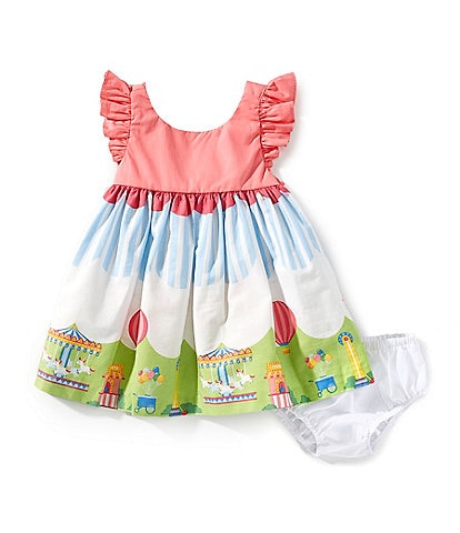 Bonnie Jean Baby Girls Newborn-24 Months Flutter-Sleeve Solid Bodice/Carnival-Border-Printed-Skirted Fit-And-Flare Dress