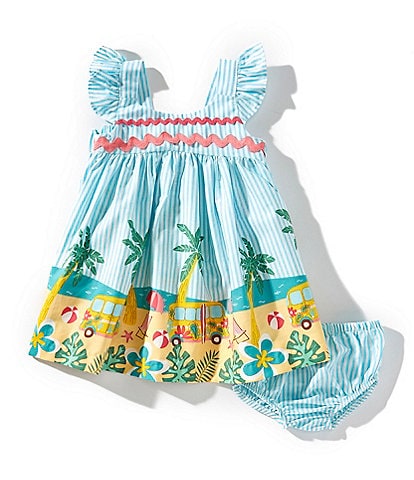 Bonnie Jean Baby Girls Newborn-24 Months Flutter-Sleeve Striped/Beach-Printed Empire-Waist Dress