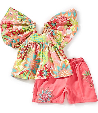 Bonnie Jean Baby Girls Newborn-24 Months Flutter-Sleeve Tropical-Floral-Printed Linen-Blend Top & Embroidered Twill Shorts Set