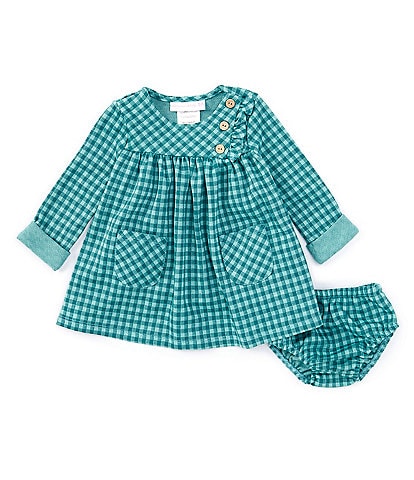 Bonnie Jean Baby Girls Newborn-24 Months Long-Sleeve Checked Patch-Pocket French Terry Float Dress