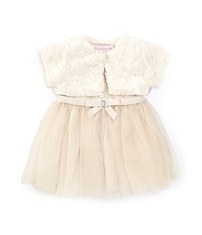 Bonnie Jean Baby Girls Newborn-24 Months Long-Sleeve Faux-Fur Cardigan & Embroidered/Mesh-Skirted Ballerina Dress