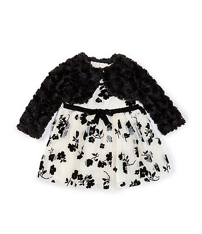 Bonnie Jean Baby Girls Newborn-24 Months Long Sleeve Faux-Fur Cardigan & Sleeveless Floral Burnout Fit & Flare Dress Set