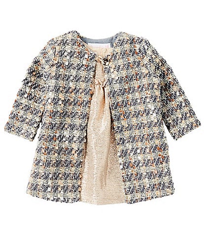 Bonnie Jean Baby Girls Newborn-24 Months Long Sleeve Plaid Metallic Boucle Coat & Sleeveless Foiled Knit Empire-Waist Dress