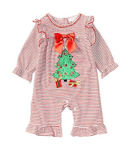 Bonnie Jean Baby Girls Newborn-24 Months Long Sleeve Striped Christmas Tree-Applique Coverall