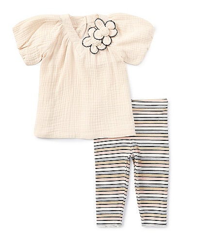 Bonnie Jean Baby Girls Newborn-24 Months Puffed Sleeve Gauze Top & Striped Lurex Rib-Knit Leggings Set