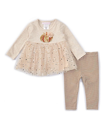 Bonnie Jean Baby Girls Newborn-24 Months Sequin-Embellished-Pumpkin-Applique Fit-And-Flare Dress & Striped Leggings Set