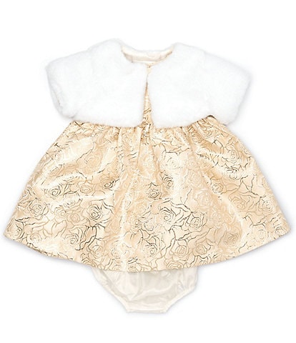 Bonnie Jean Baby Girls Newborn-24 Months Short Sleeve Faux Fur Shrug & Short Sleeve Floral Jacquard Fit And Flare Dress Set