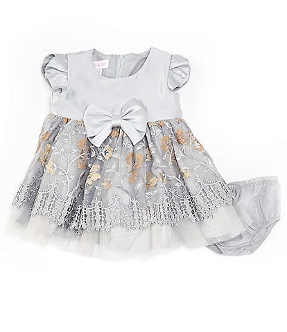 Bonnie Jean Baby Girls Newborn-24 Months Short Sleeve Mikado/Embroidered-Overlay Fit-And-Flare Dress