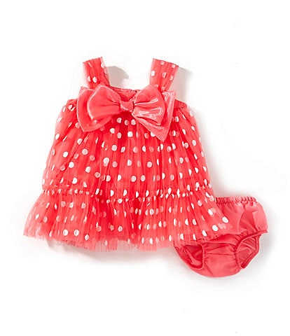 Bonnie Jean Baby Girls Newborn-24 Months Sleeveless Bow-Accented Dotted Mesh Babydoll Dress