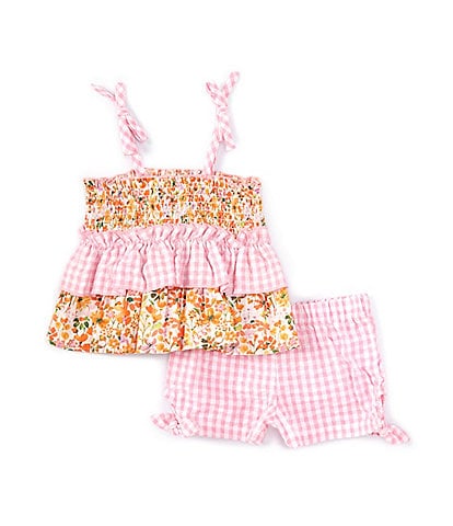 Bonnie Jean Baby Girls Newborn-24 Months Sleeveless Mixed-Media Ruffle-Tier Tank Top & Checked Shorts Set