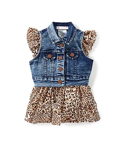 Bonnie Jean Baby Girls Sleeveless Denim Vest & Flutter-Sleeve Leopard-Printed Chiffon Dress