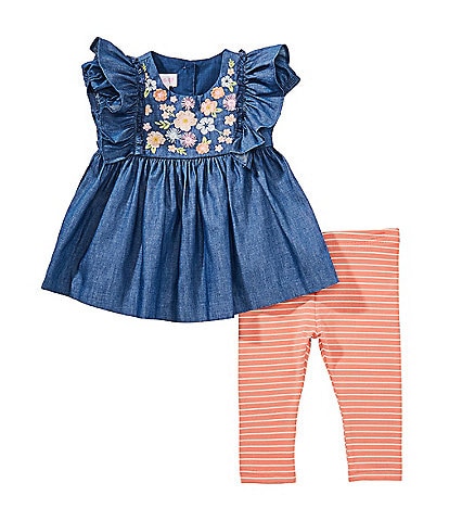 Bonnie Jean Baby Girls Sleeveless Pinafore-Ruffled Floral-Embroidered Fit-And-Flare Denim Dress & Striped Knit Leggings Set
