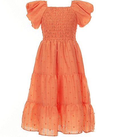 Bonnie Jean Big Girls 7-16 Balloon-Sleeve Smocked-Bodice/Tiered-Skirted Textured Woven A-Line Dress