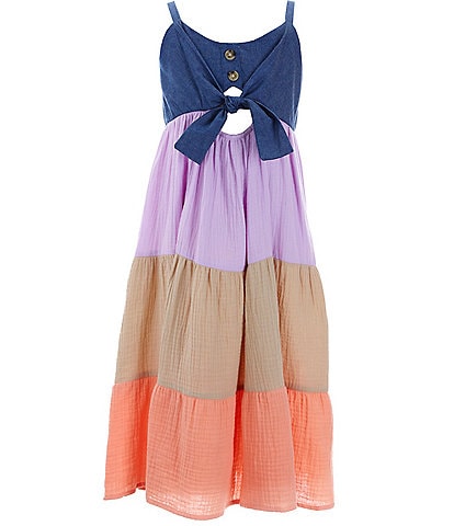 Bonnie Jean Big Girls 7-16 Denim-Bodice/Color Block Mixed-Gauze Tiered Long Dress