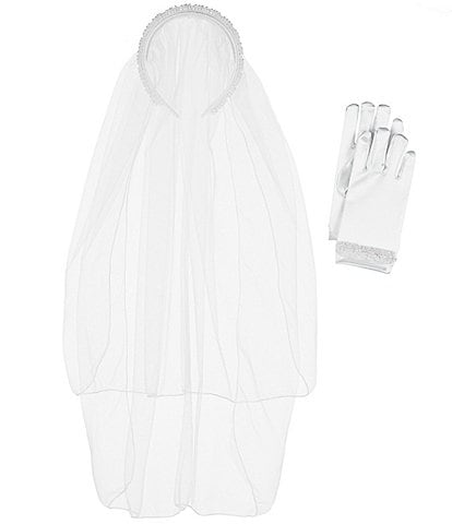 Bonnie Jean Big Girls 7-16 White Double-Layer Veil & Matching Gloves Set