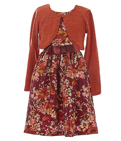 Bonnie Jean Big Girls 7-16 Long-Sleeve Flyaway-Front Hacci Cardigan & Sleeveless Floral Shantung Fit-And-Flare Dress Set