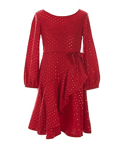 Bonnie Jean Big Girls 7-16 Long-Sleeve Foiled-Dot Spangled Sweater-Knit Faux-Wrap Dress