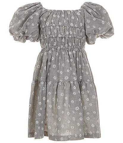 Bonnie Jean Big Girls 7-16 Puffed-Sleeve Mixed-Media Stripe/Daisy Printed Fit & Flare Dress