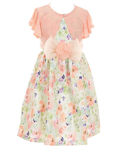 Bonnie Jean Big Girls 7-16 Short Sleeve Knit Cardigan & Watercolor Floral Jacquard Dress