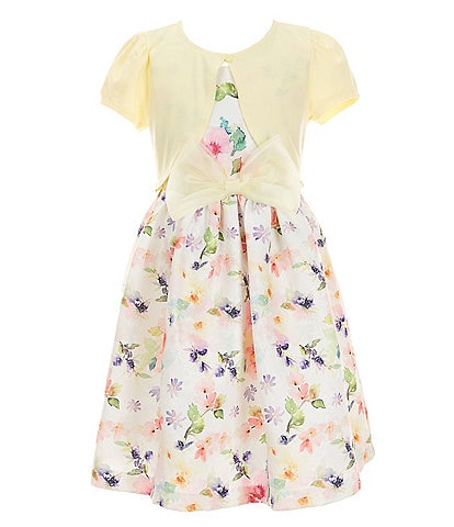 Bonnie Jean Big Girls 7-16 Short Sleeve Knit Cardigan & Watercolor Floral Jacquard Fit & Flare Dress