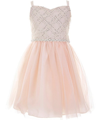 Bonnie Jean Big Girls 7-16 Sleeveless Sequin-Embellished Latticework-Embroidered Bodice/Tulle-Skirted Fit-And-Flare Dress