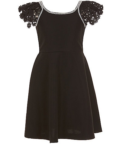 Bonnie Jean Big Girls Lace-Sleeve Scuba-Knit Fit-And-Flare Dress