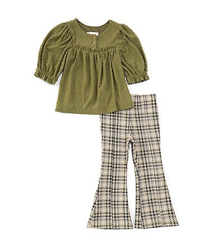 Bonnie Jean Little Girls 2T-4T 3/4-Sleeve Clip-Dot Top & Plaid Flare-Leg Leggings Set