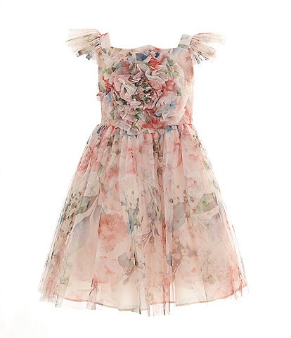 Bonnie Jean Little Girls 2T-4T Flutter Sleeve Floral-Printed Rolled Flower Applique Fit & Flare Dress