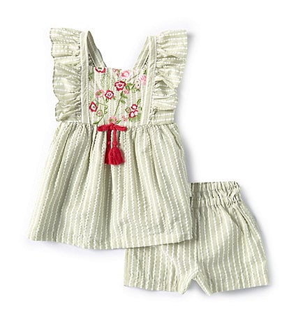 Bonnie Jean Little Girls 2T-4T Flutter Sleeve Striped/Embroidered Seersucker Tunic Top & Matching Shorts Set