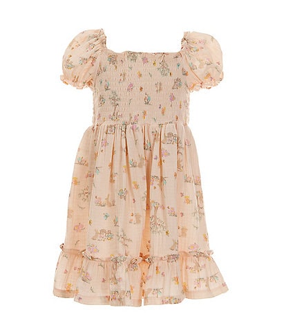 Bonnie Jean Little Girls 2T-4T Puffed-Sleeve Woodland Bunny Printed Gauze Fit-And-Flare Dress